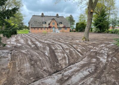 Garten-Design mit individuell angelegtem Weg und Baum vor traditionell reetgedecktem Friesenhaus